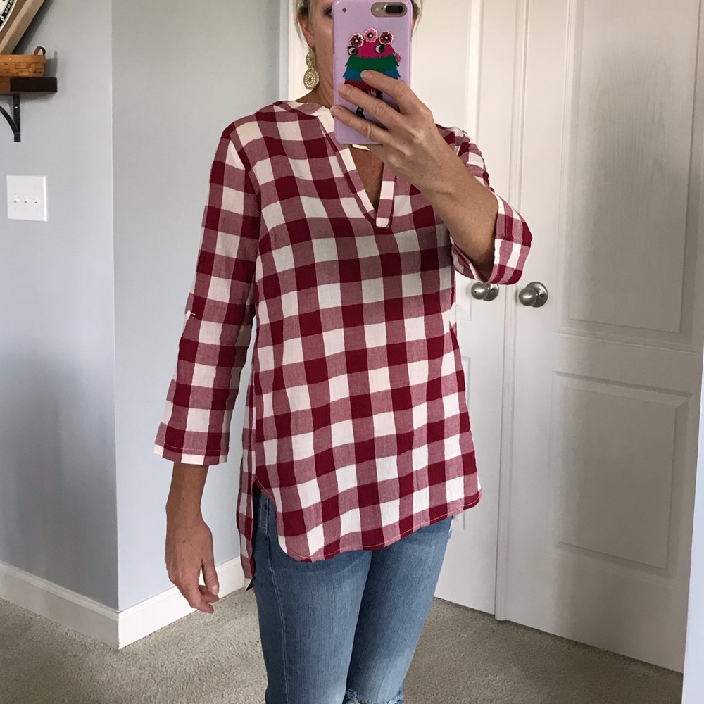 ♥️1 MED♥️Red Gingham Plaid Tunic - Picture 2 of 7